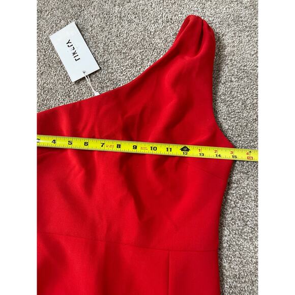 NWT Likely Women's Glam Chic Preppy Ruffle Hem One Shoulder Midi Dress Red 2 - Picture 11 of 11